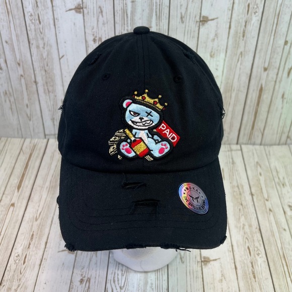 MUKA Paid‎ Bear Dad Hat Cap Black Distressed Baseball Embroidered MU:KA: - Picture 2 of 9